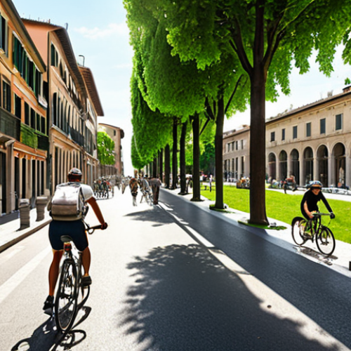 Home 11 **
> A bustling Italian city street transformed into a green oasis. Bicycles are prominent, cyclists enjoying a sunny day, green spaces and trees lining the street. Modern architecture blends with nature, happy people walking.
**