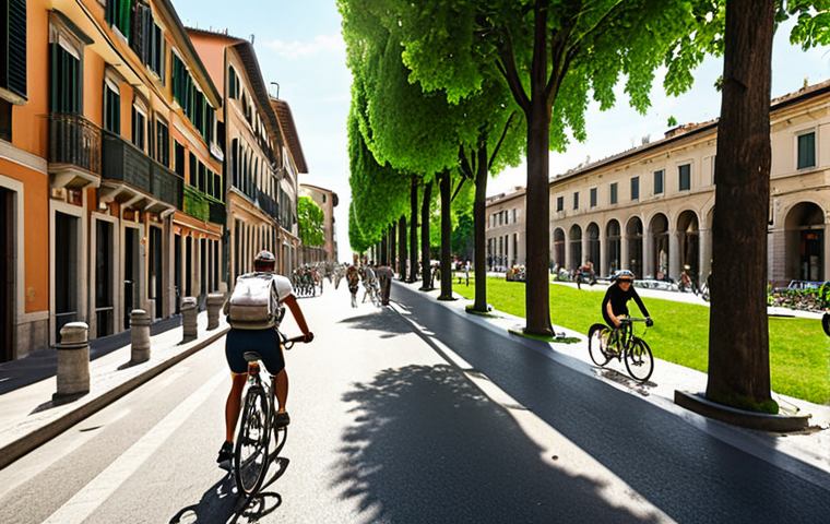 **

> A bustling Italian city street transformed into a green oasis. Bicycles are prominent, cyclists enjoying a sunny day, green spaces and trees lining the street. Modern architecture blends with nature, happy people walking.

**
