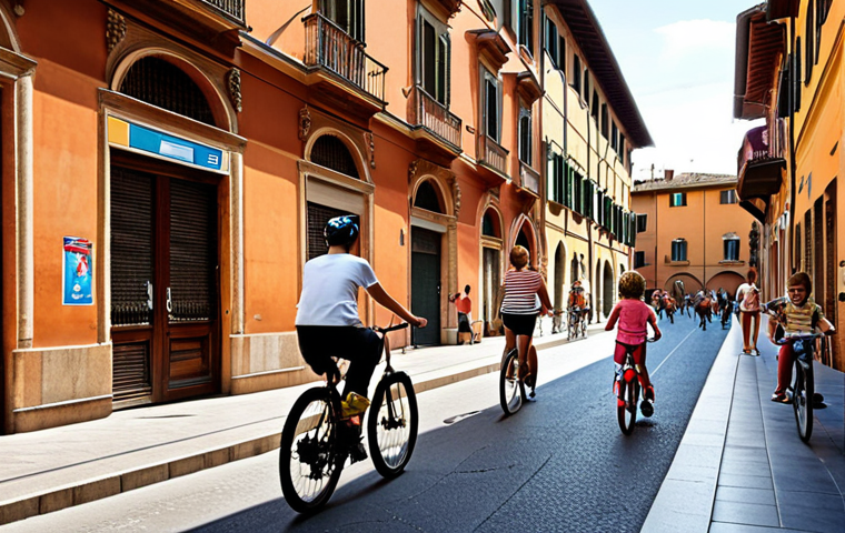 **

"A vibrant, pedestrian-friendly 'Zona 30' street scene in Bologna, Italy, with children playing safely, cyclists enjoying a relaxed ride, and residents socializing. Emphasize the improved quality of life and community atmosphere. Capture the essence of the Italian lifestyle with traditional architecture as a backdrop."

**