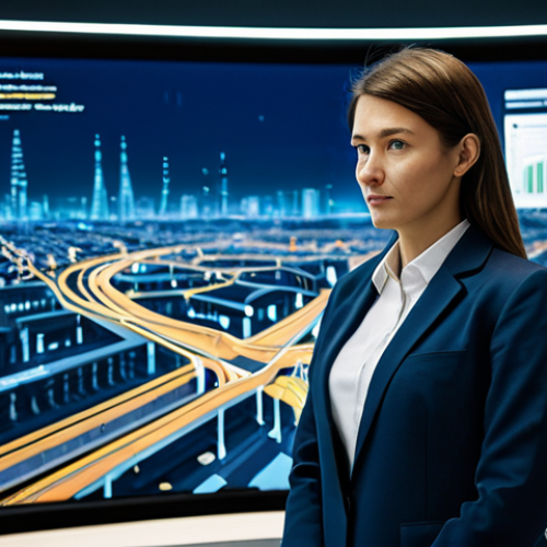 A professional urban planner, fully clothed in a modest business suit, stands in a sophisticated smart city operations center. Large holographic displays in the background show real-time traffic flows, public transport networks, and urban sensor data overlays for the city of Milan. The atmosphere is calm and efficient, with ambient lighting. Professional photography, high-resolution, detailed, cinematic lighting, fully clothed, appropriate attire, safe for work, professional, perfect anatomy, correct proportions, natural pose, well-formed hands, proper finger count, natural body proportions, appropriate content.