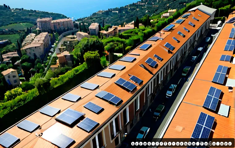 Home 12 탄소중립 도시 모델 - Photorealistic aerial view of a carbon-neutral Italian city district, sunlit terracotta-roof apartme...